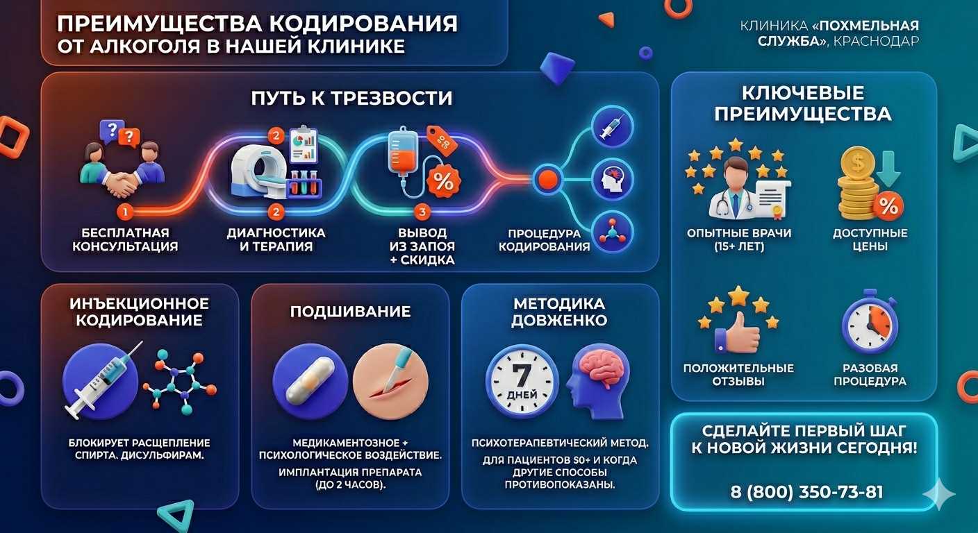 Инфографика о методах кодирования от алкоголя в Базарном Карабулаке: инъекции, подшивание, метод Довженко. Преимущества клиники и этапы лечения.